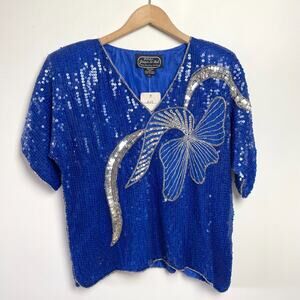 Vintage 80s Silk Sequin Top Large Cobalt Blue Silver Glam Festival NWT Deadstock